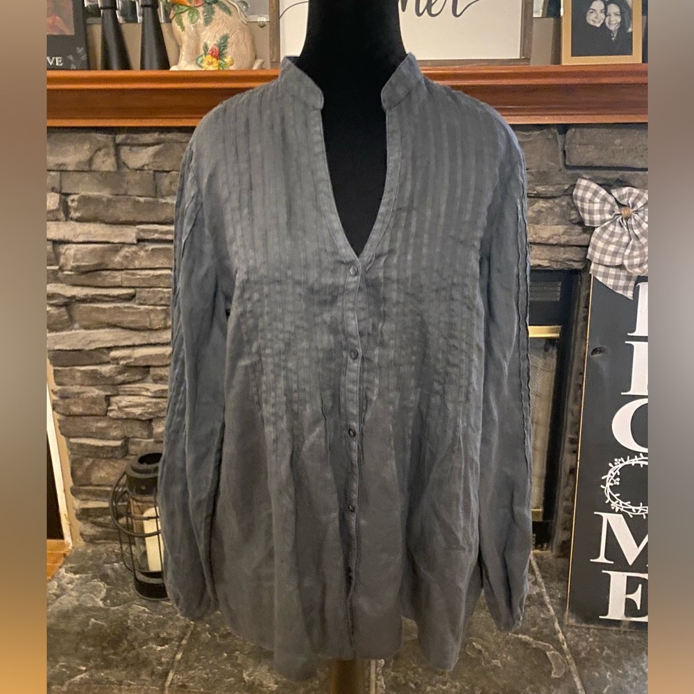 120% Lino Made in Italy Pintuck Linen Poet’s Blouse